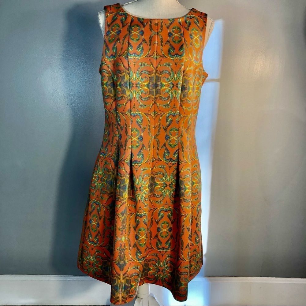 Gabby Skye Dress Orange Multi Color Sleeveless Fit Flare  Scuba Fabric EUC  12👍